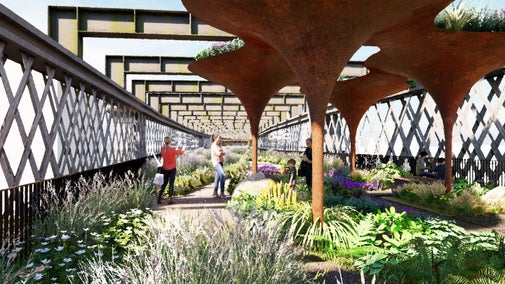 A concept image showing a planted garden on the top of Castlefield Viaduct, Manchester